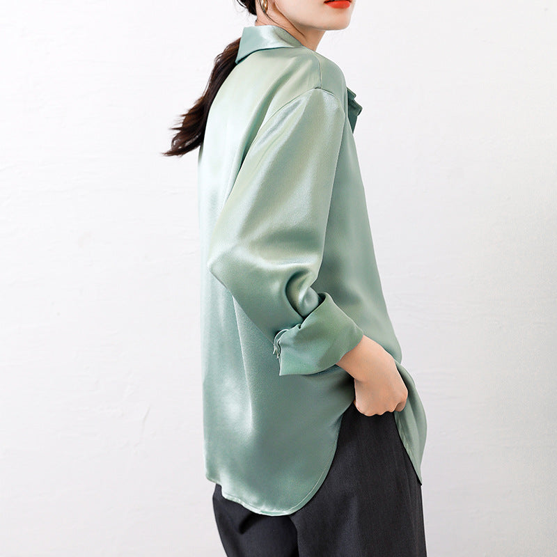 Haute couture imported acetic acid satin shirt women's long sleeves 2025 new loose simple temperament celebrity high-end cardigan autumn