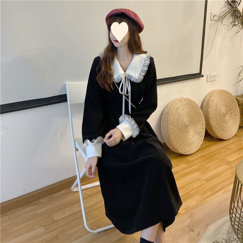 New Christmas Fall Winter French Dress Women's Red Waist Slim Long Sleeve Hepburn Dress Plus Size