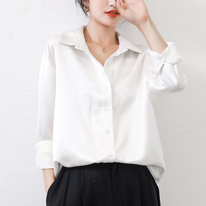 Haute couture imported acetic acid satin shirt women's long sleeves 2025 new loose simple temperament celebrity high-end cardigan autumn