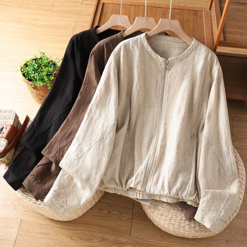 Real shot 2025 autumn new cotton and linen double-layer short coat women's zipper cardigan with loose top jacket