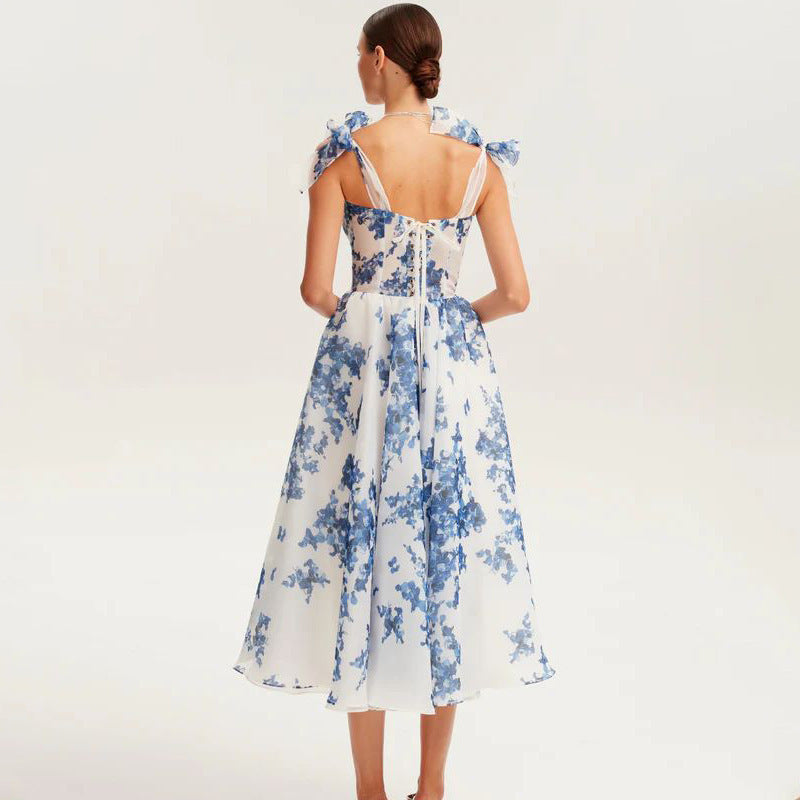 Stylish and sexy printed suspender evening dress floral back strap women's dress female elegance and elegance