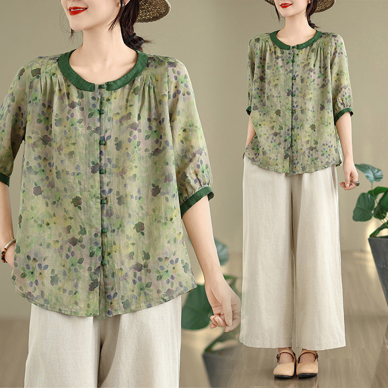 Real shot 2025 summer cotton and linen large size literary loose and thin shirt top + pants two-piece suit women