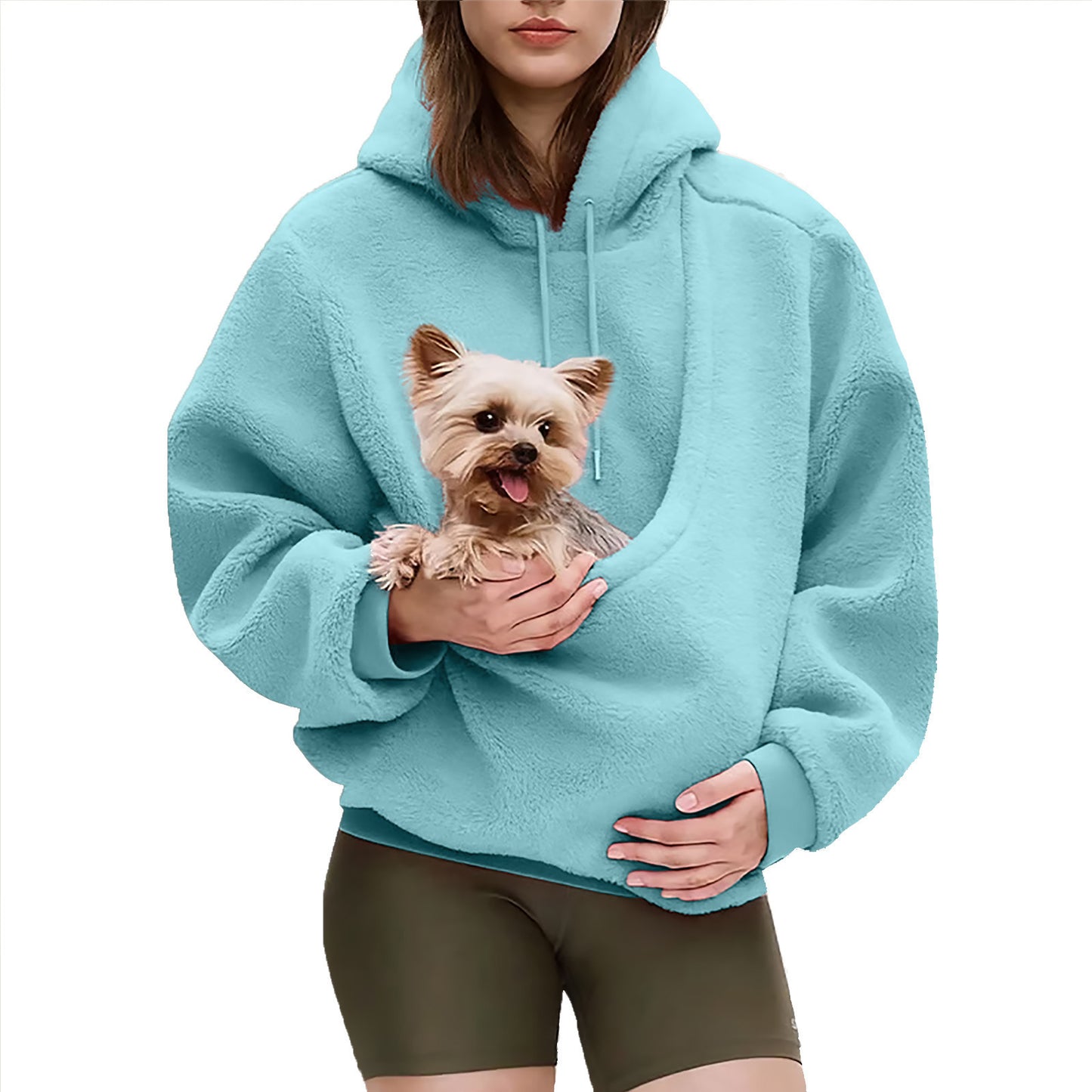 2025 Amazon new model, European, American autumn and winter cross-border solid color hooded plush pet pocket loose pullover sweater women