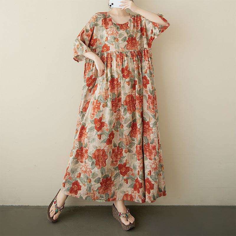 2025 summer new cotton and linen large size literary and retro round neck short sleeve loose foreign trade dress women's clothing