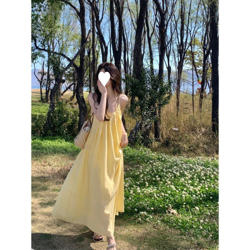 French yellow suspender dress women's clothing summer seaside vacation style wear skirt loose A-shaped skirt long skirt
