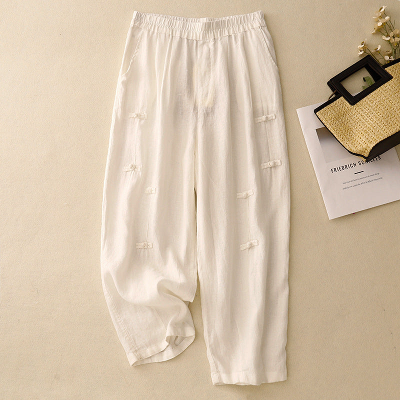 Real shot 2025 summer new literary loose solid color cotton and linen elastic waist buckle Harlan pants nine-point pants women 9031