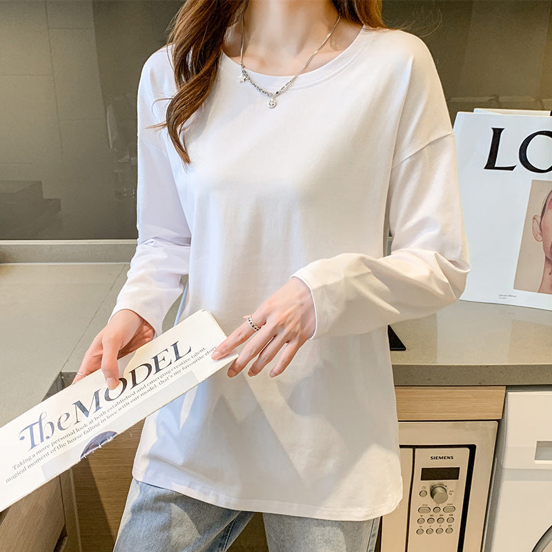 Cotton slit mid-length loose long-sleeved T-shirt base shirt women's crew neck spring and autumn new inner top