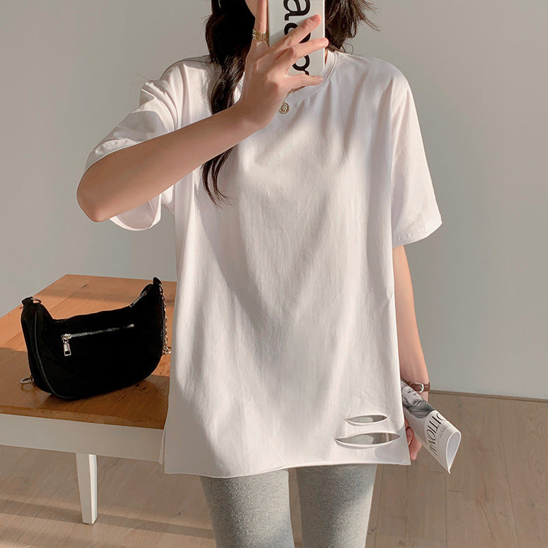 Pure cotton medium and long ripped loose short-sleeved t-shirt women's large size design sense half-sleeve belly cover t-shirt commuter style