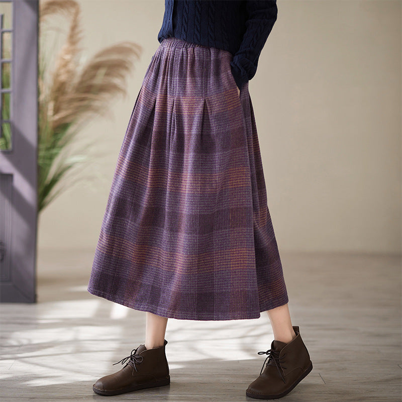 Real shot 2024 autumn new literary loose plaid elastic waist skirt women's medium and long A-shaped skirt #3730