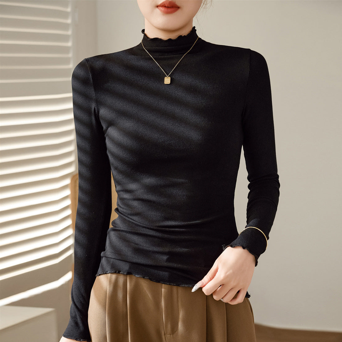Fungus crimped semi-turtleneck bottoming shirt women's long-sleeved T-shirt 2026 autumn and winter new shirt slim and thin top
