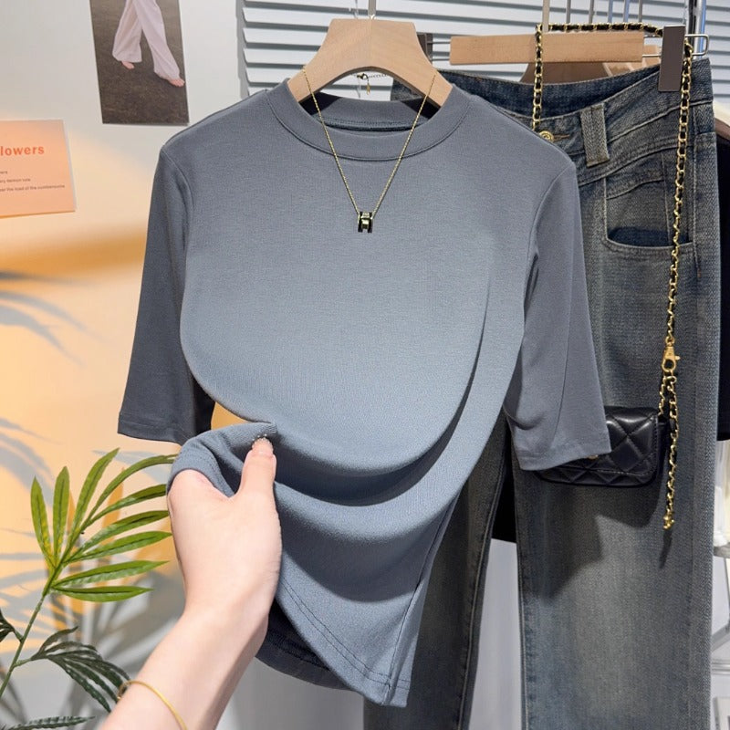 Iron gray half-sleeved T-shirt women's five-quarter-sleeved small stand-up collar medium-sleeved bottoming shirt spring and autumn style with front shoulder and outer top