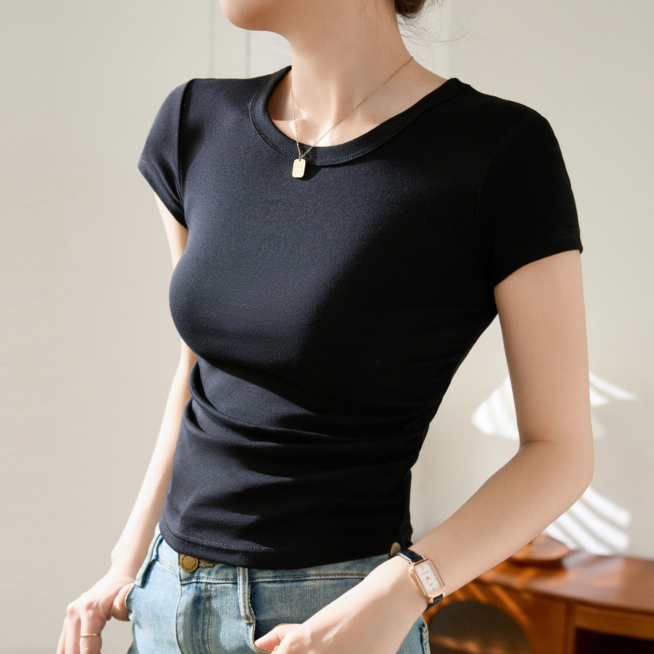 [Selection of cotton] Pleated waist pure cotton T-shirt women's summer short sleeves 2026 new waist short thin bottoming shirt