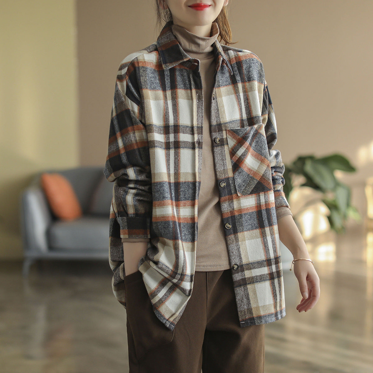 2024 autumn new literary and retro loose polished cotton plaid long-sleeved thin shirt top women's 9260