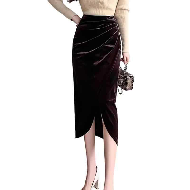 Golden velvet skirt women's 2024 autumn new high waist split one-step hip skirt medium and long autumn skirt