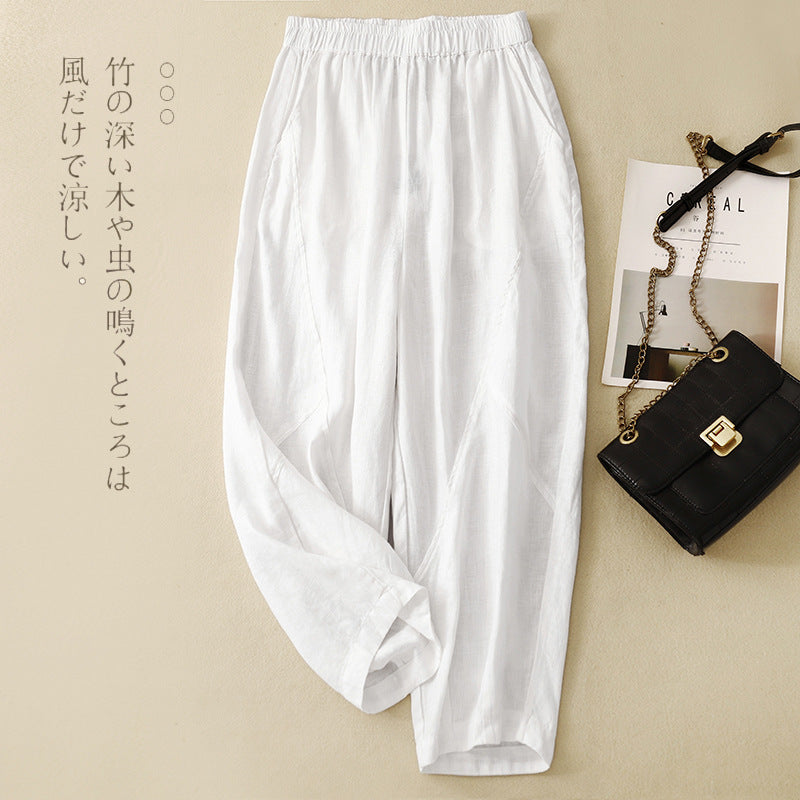 Real shot 2025 summer new cotton and linen large size elastic waist solid color loose and thin nine-point Harlan pants women