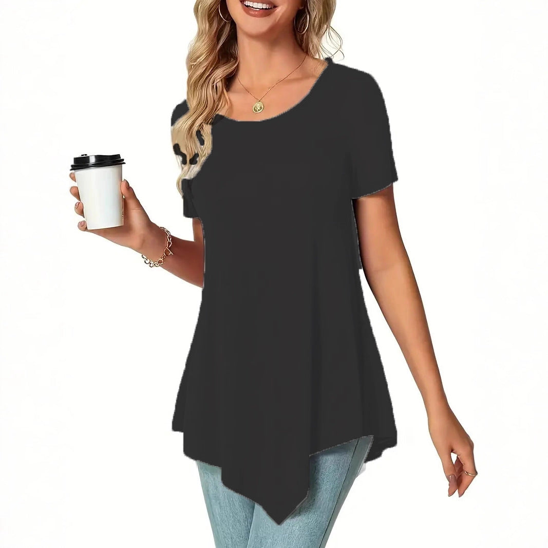 2025 Amazon popular European and American large size loose crew neck top irregular hem women's short-sleeved T-shirt