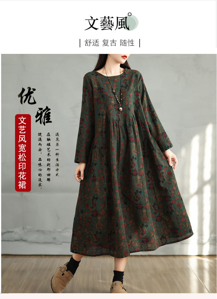The real shot is the new cotton and linen printed long-sleeved dress in the spring of 2025. Women's loose large-size thin splicing A-shaped skirt