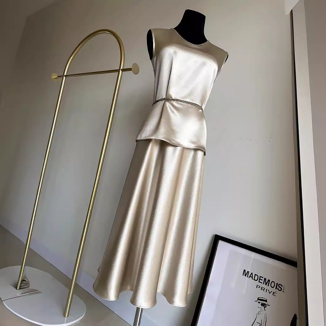 Haute couture Japan imported acetic acid satin sling vest + A font high waist skirt two-piece set Royal sister fried street