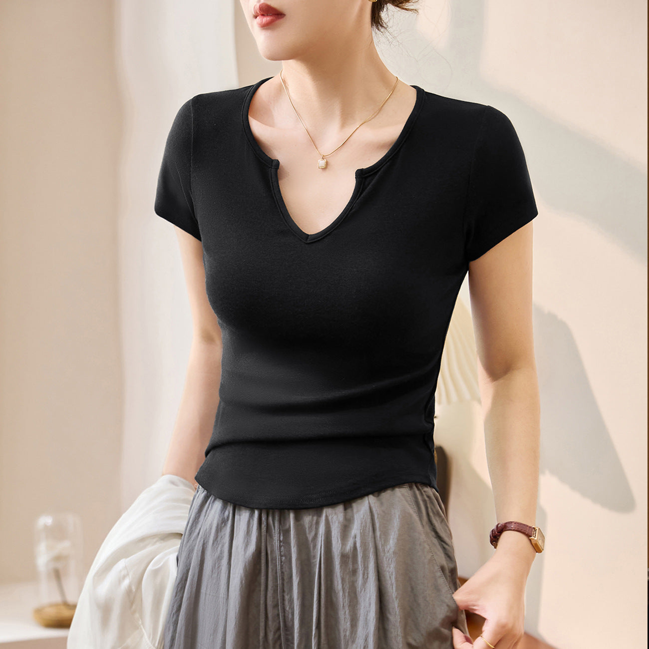 #Tencel lyocell cotton #French high-end V-neck t-shirt women's summer new curved slim-fitting high-waisted thin bottoming shirt