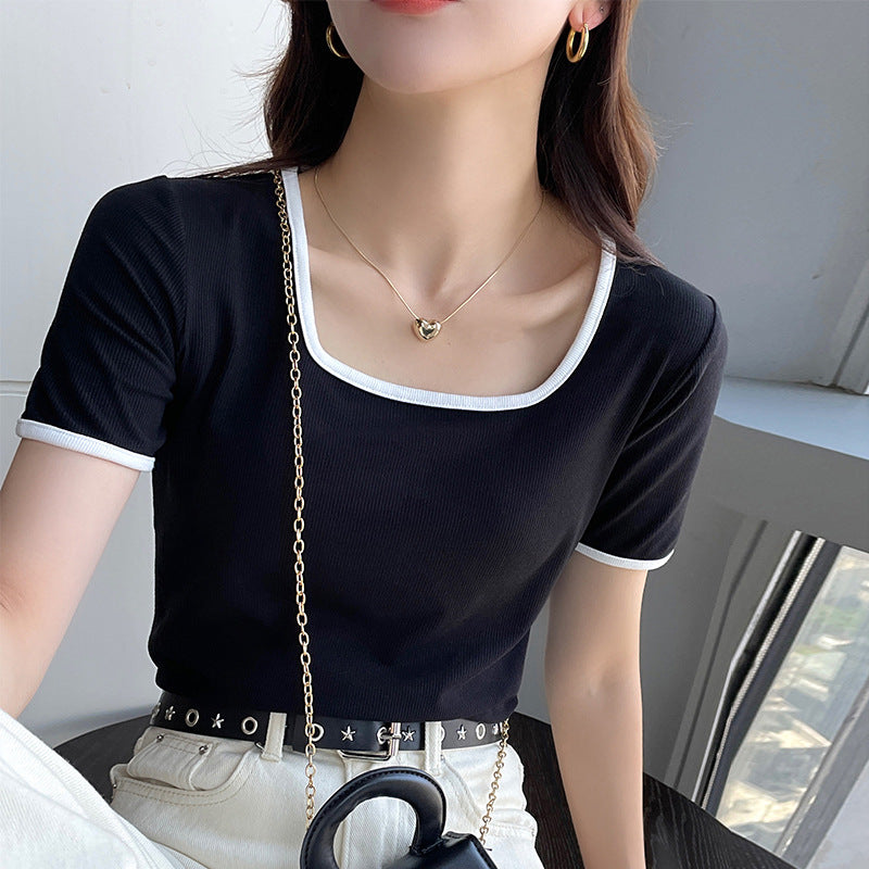 Selection of high elastic threaded cotton square neck short-sleeved t-shirt for women's 2026 summer new front shoulder versatile bottom top