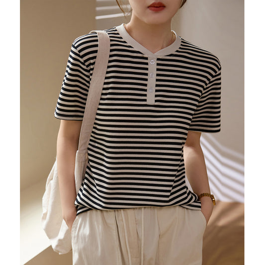 [High quality] Striped T-shirt women's summer wear 2026 new loose straight button pure cotton short-sleeved body shirt