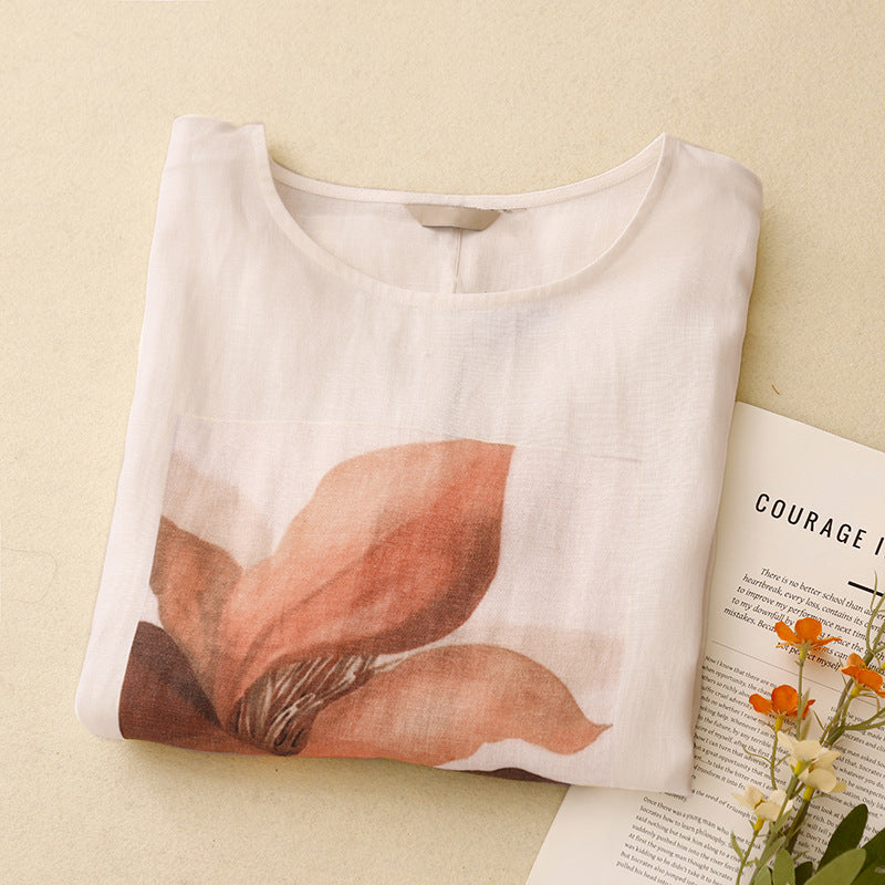 Real shot 2025 summer new literary loose printing crew neck short-sleeved T-shirt women's top #9022