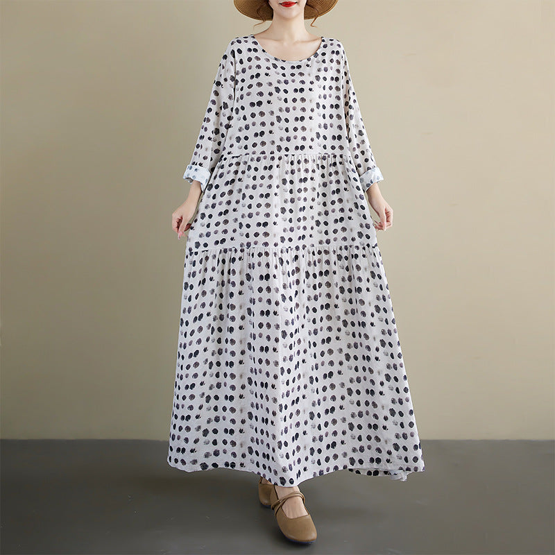 2025 autumn new bohemian casual round neck long-sleeved pleated skirt polka dot foreign trade dress women