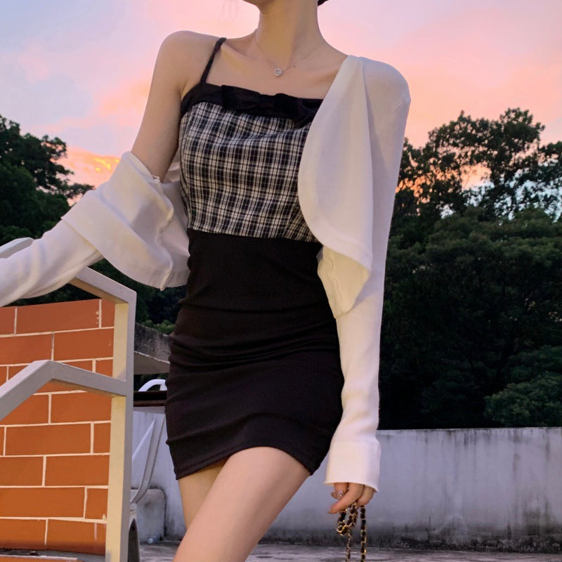 White ice silk sunscreen cardigan jacket, thin small cape women's shawl, summer with suspender skirt and overcoat