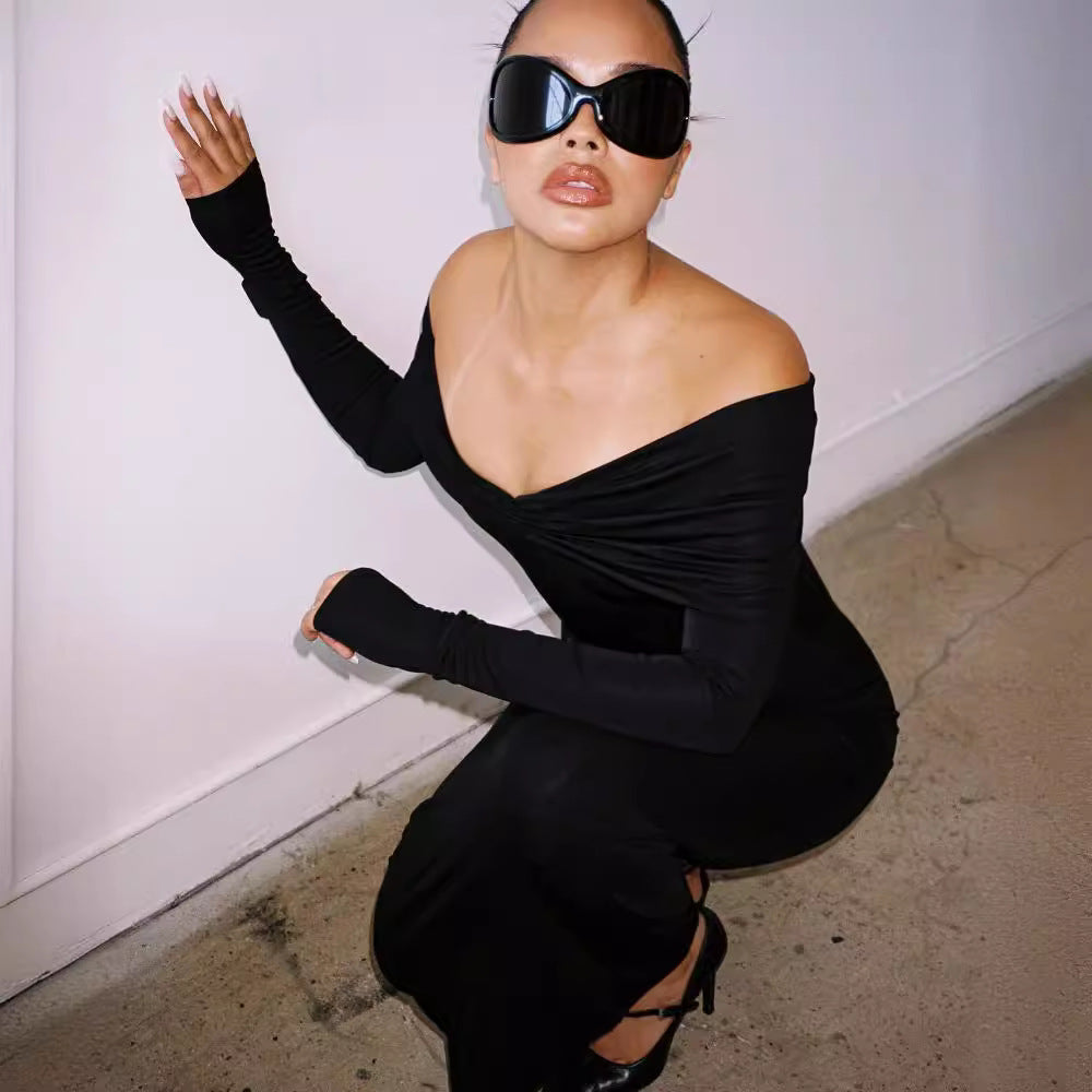 Cross-border white short sleeves, long sleeves, off-the-shoulder bandeau suppression pleated dresses, long skirts, European and American dresses, elegant and slim