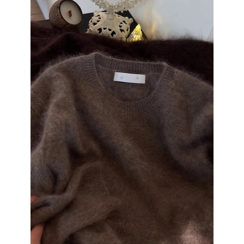 Maillard brown soft waxy mohair crew neck pullover sweater women's autumn and winter outer wear milk fufu thickened knitted top