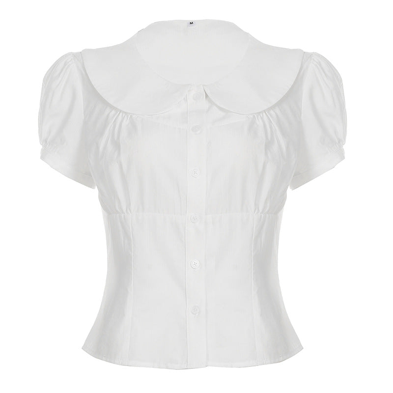 American girly temperament organ pleated solid color POLO neck short-sleeved shirt waist short breasted button-up top