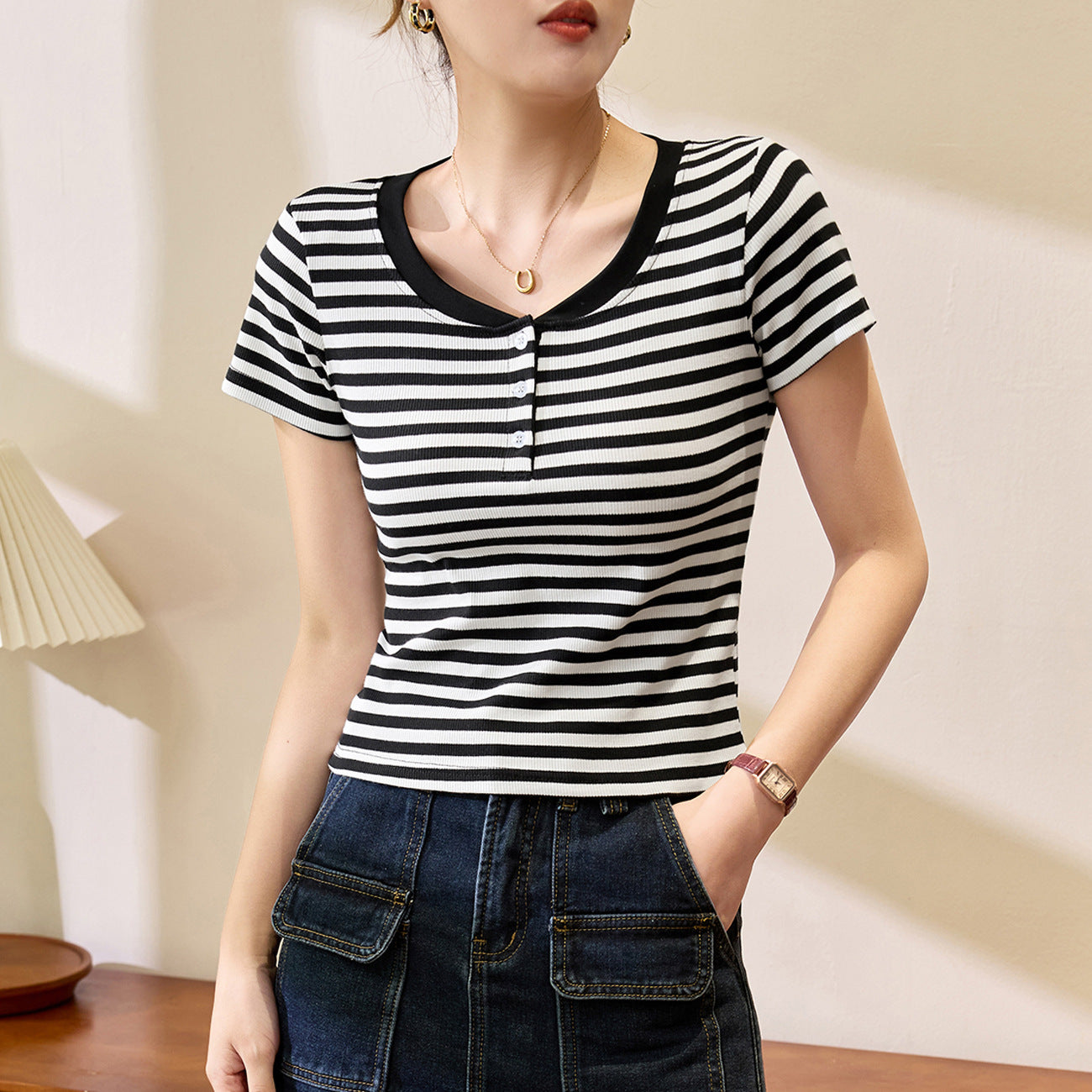 #Double button collar 260g striped #cotton T-shirt women's short-sleeved 2026 summer new front shoulder top bottoming shirt