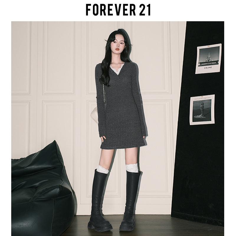 Gray's grey slim-fit knitted hip-wrapped skirt women's pure lace V-neck bottoming dress