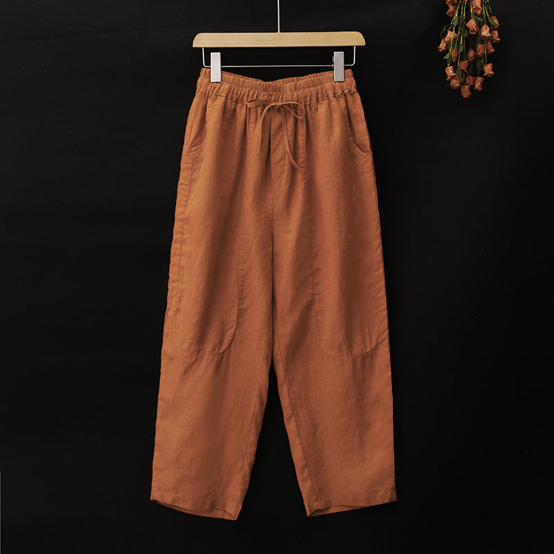 Real shot 2025 summer new cotton and linen Korean version large size printed retro top + pants two-piece suit women