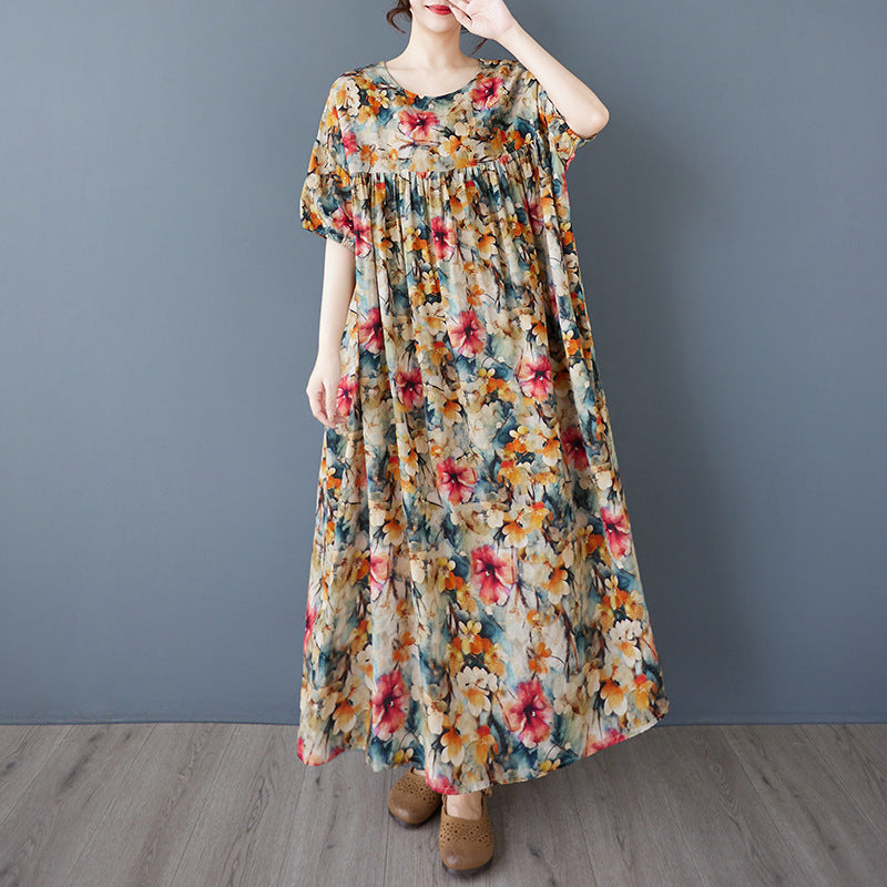 2025 Simple Bohemian Long Dress Summer New Fattened Plus Short Sleeve Crew Neck Printed Dress Women