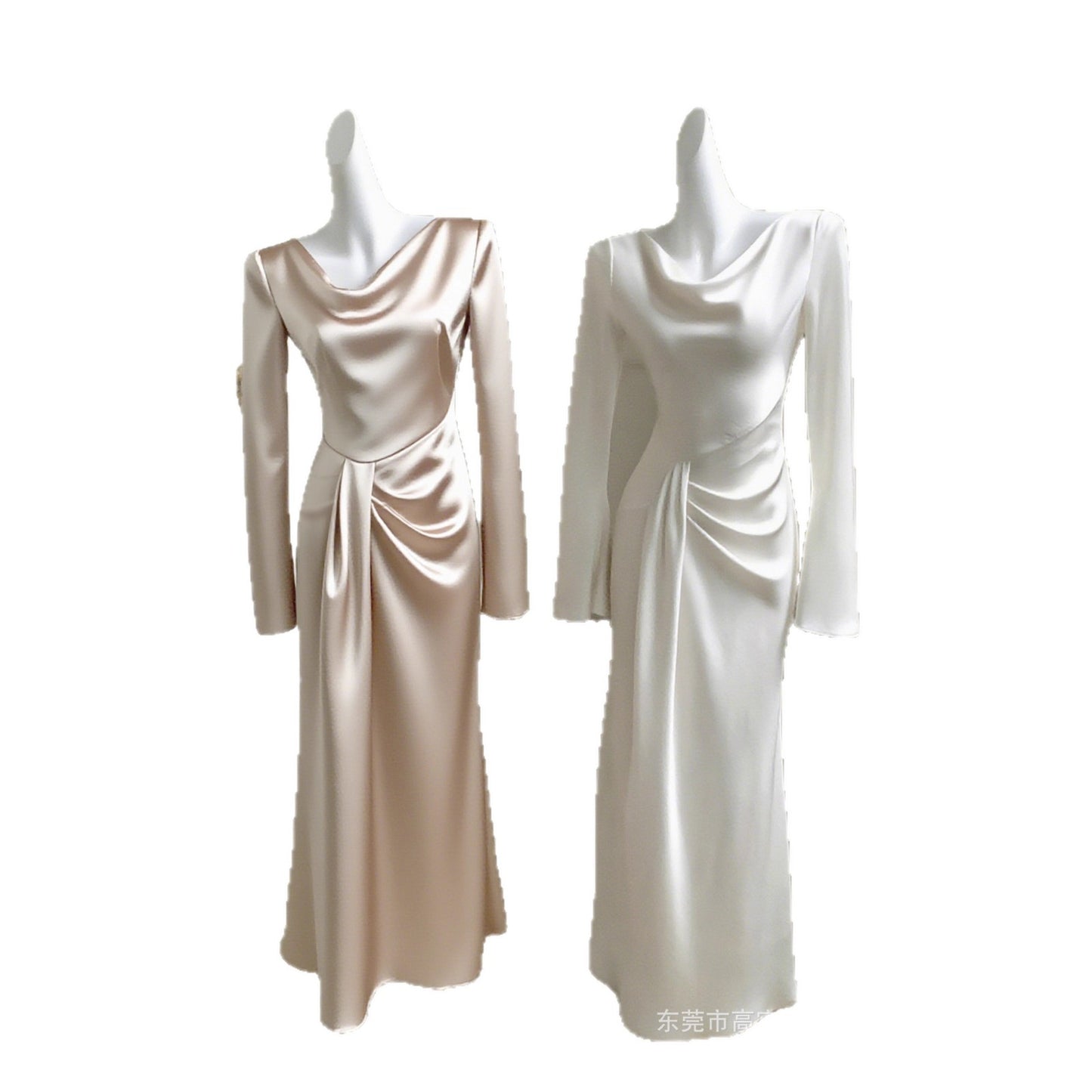 Haute couture imported acetic acid, French swingneck horn long-sleeved satin dress lace-up asymmetrical pleated high-end skirt