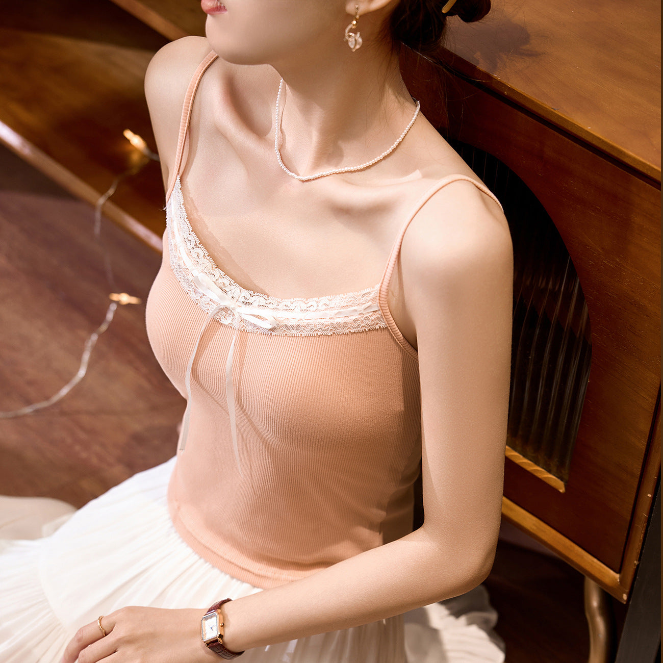 Select Threaded Cotton Lace Bow Strap Spice Girl Suspender Vest Women's Pure Beauty Back Inner Top