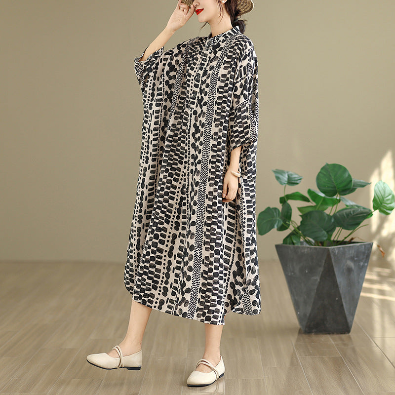 2025 autumn new literary and retro cotton and linen printing stand-up collar loose super long large size vacation dress women's clothing