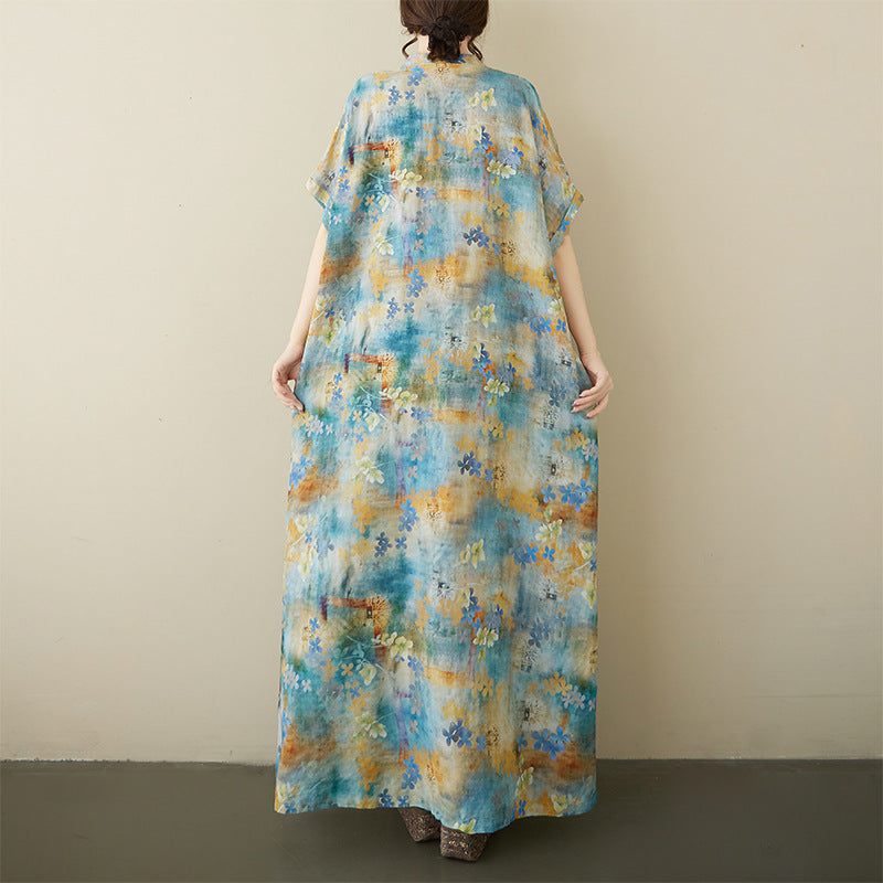 Summer 2025 New Large Size Literary Loose Bohemian Casual V-Neck Short Sleeve Dress Women's Clothing