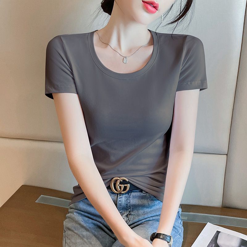 Lotus root pink short-sleeved t-shirt women's pure cotton summer chic Korean wear high-end niche non-collision versatile top