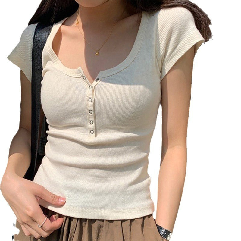 Threaded cotton button-up T-shirt women's short-sleeved 2026 summer new square collar versatile outer wear slim-fitting and thin top bottoming shirt