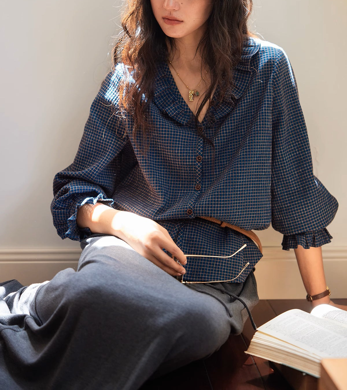 Solighter French Vintage V-Neck Checked Shirt Women's Autumn