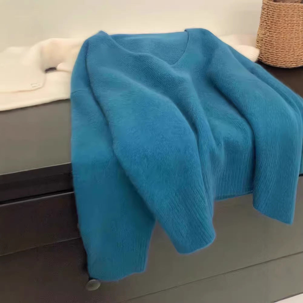 Blue v-neck soft waxy imitation raccoon fleece sweater women's autumn and winter loose lazy wind pullover knitted sweater high-end top