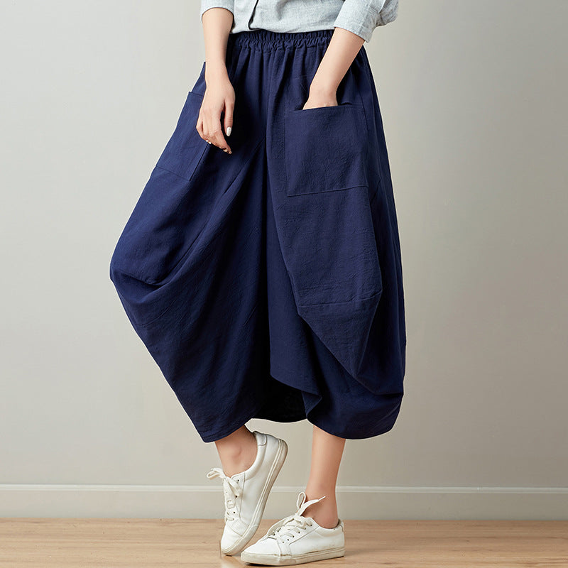 Real shot 2025 summer new literary loose solid color cotton and linen elastic waist skirt lantern skirt woman #1381 #