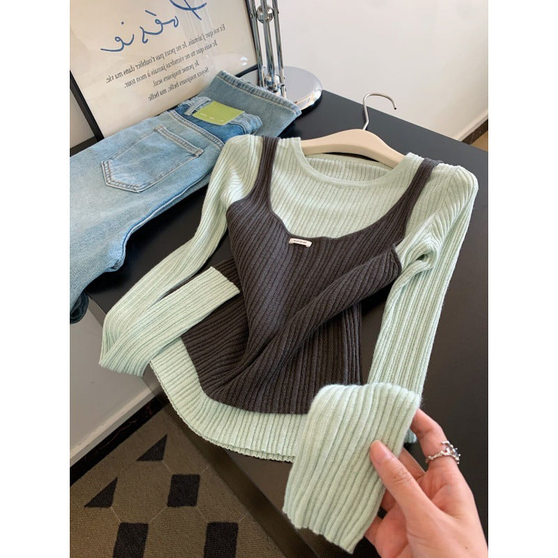Mint makes perfect~ Korean style contrasting colors fake two-piece knitted sweater women's autumn 2025 new design chic top