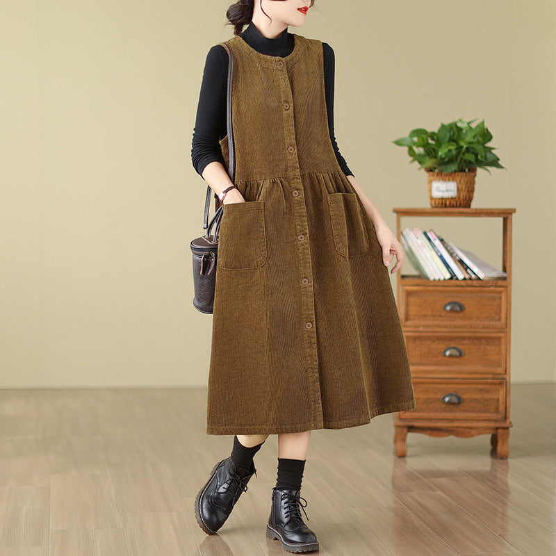 Real shot 2025 spring new literary loose solid color corduroy sleeveless dress women's vest skirt single piece 8386