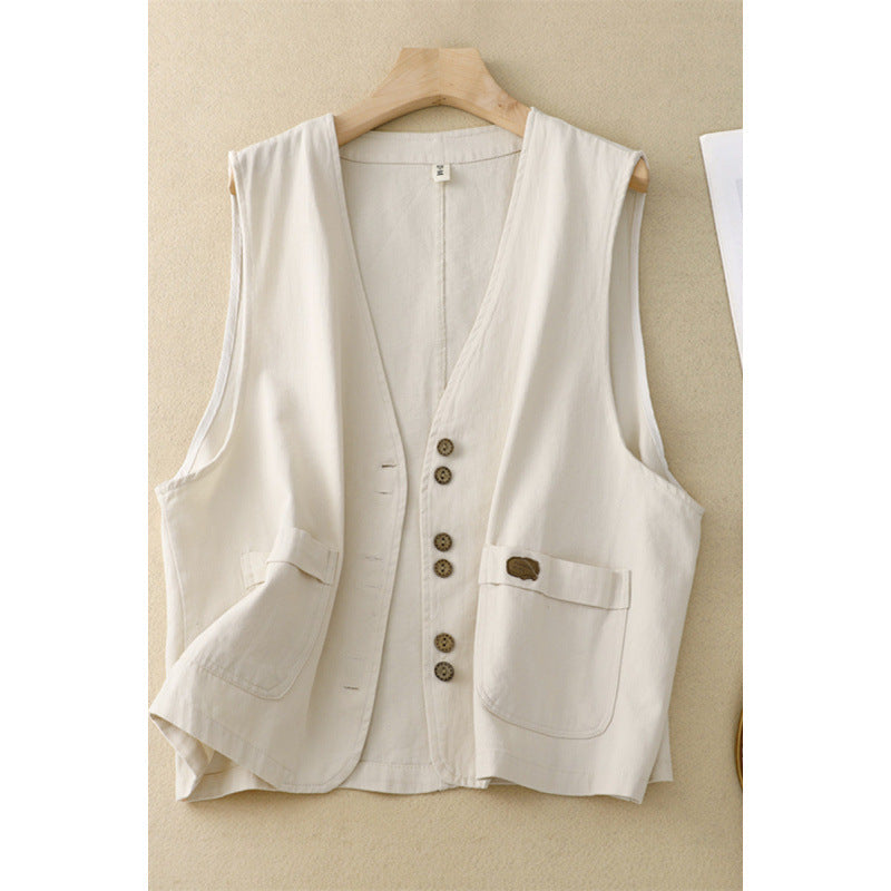 Real shot 2025 autumn new literary twill cotton vest vest sleeveless vest wear short vest women