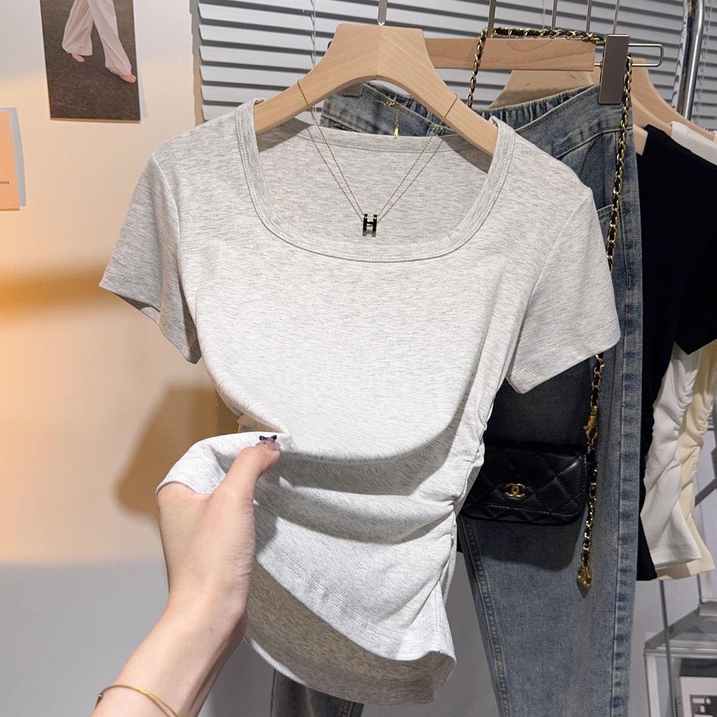 Square collar basic short-sleeved T-shirt women's summer 2025 new Spice Girl waist fold pure want slim and thin top