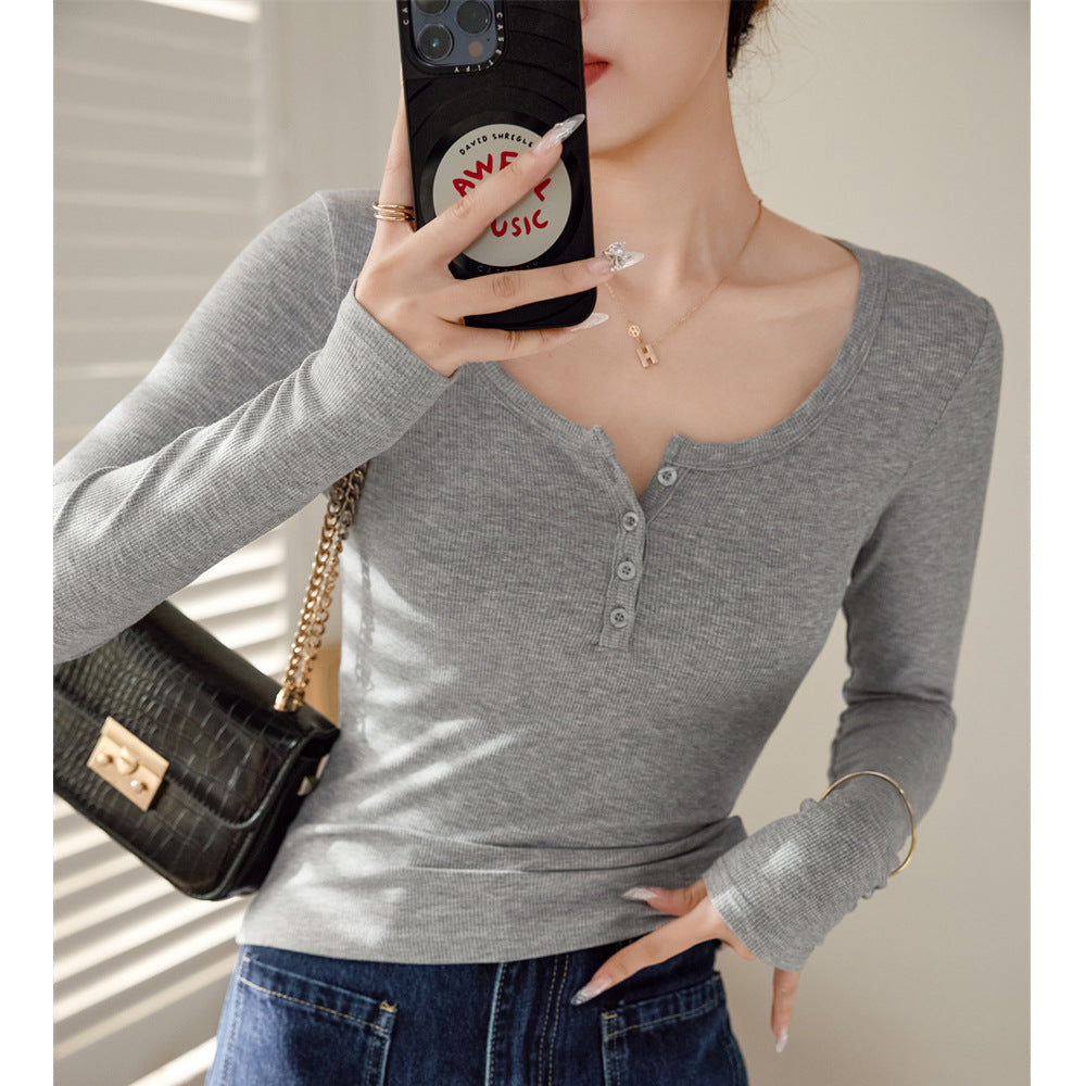 #Ruth same style #selection high elastic threaded cotton front shoulder button T-shirt women's autumn and winter new long-sleeved slim-fit bottoming shirt