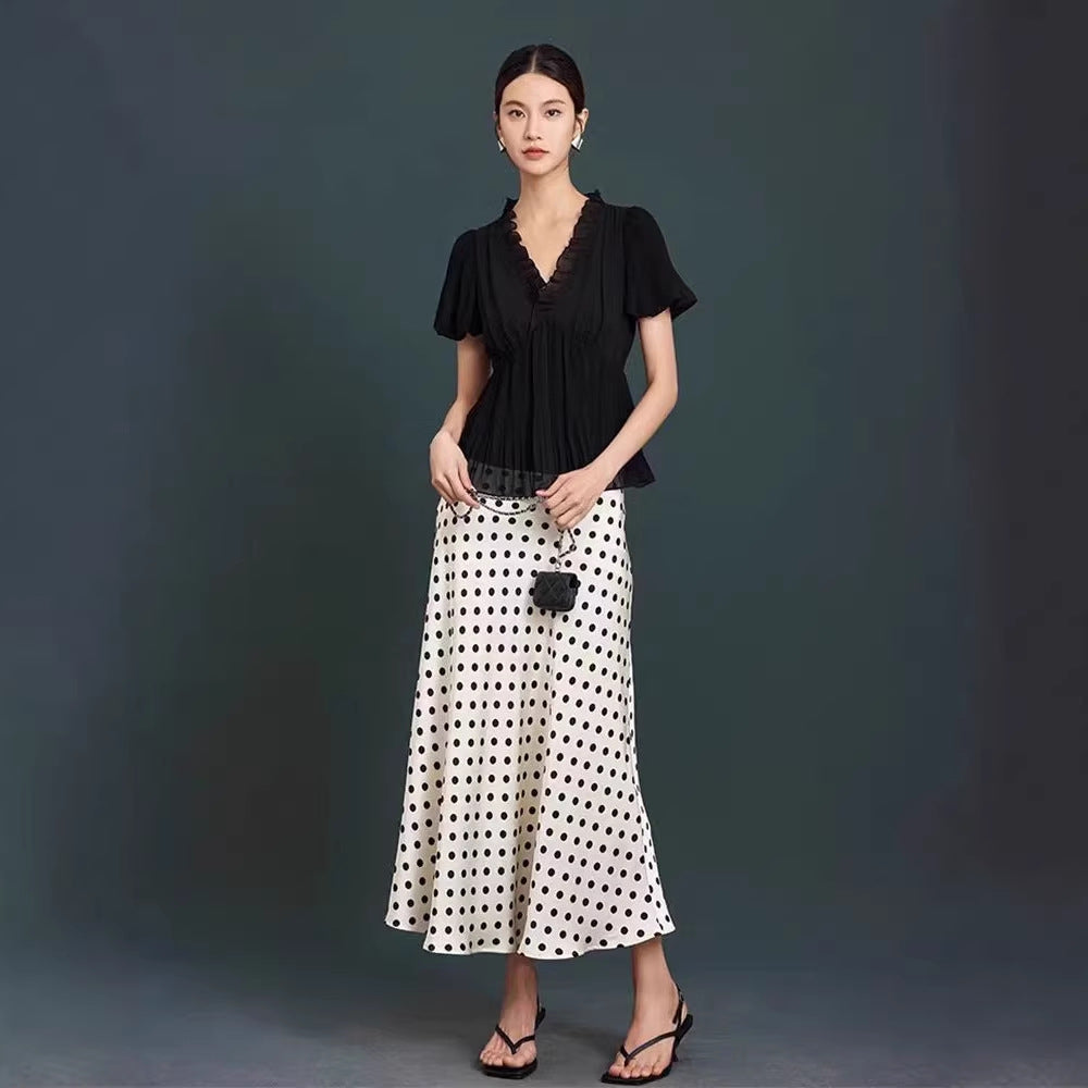 Japan imported triacetic acid polka dot skirt women's spring and summer A-shaped version short skirt small long hip A-shaped skirt